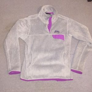 Grey and purple Patagonia fleece pullover
